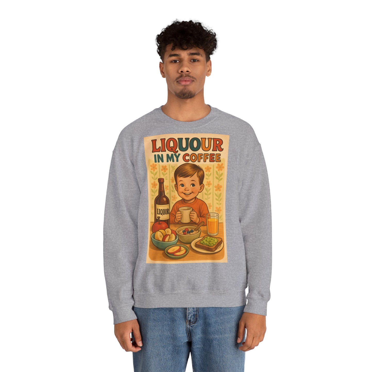 Sweatshirt – Liquor In My Coffee Sweatshirt | Retro Frühstücks-Pullover mit Satire-Motiv | Geschenk für Kaffee-Fans mit Humor | True Insights Design mit Humor