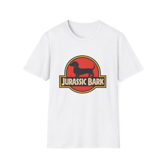Weißes T-Shirt mit Jurassic-Bark Dackel-Logo im Retro-Poster-Stil für Hundefreunde und Filmfans.