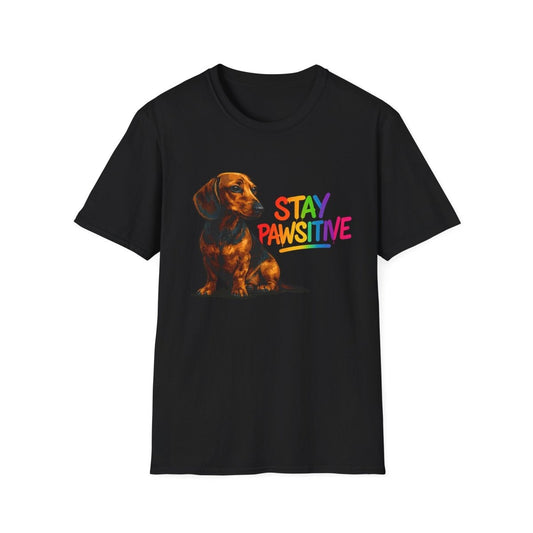 Schwarzes T-Shirt mit braunem Dackel und Schriftzug Stay-Pawsitive in Regenbogenfarben im Pop-Art-Stil fuer Hundeliebhaber.