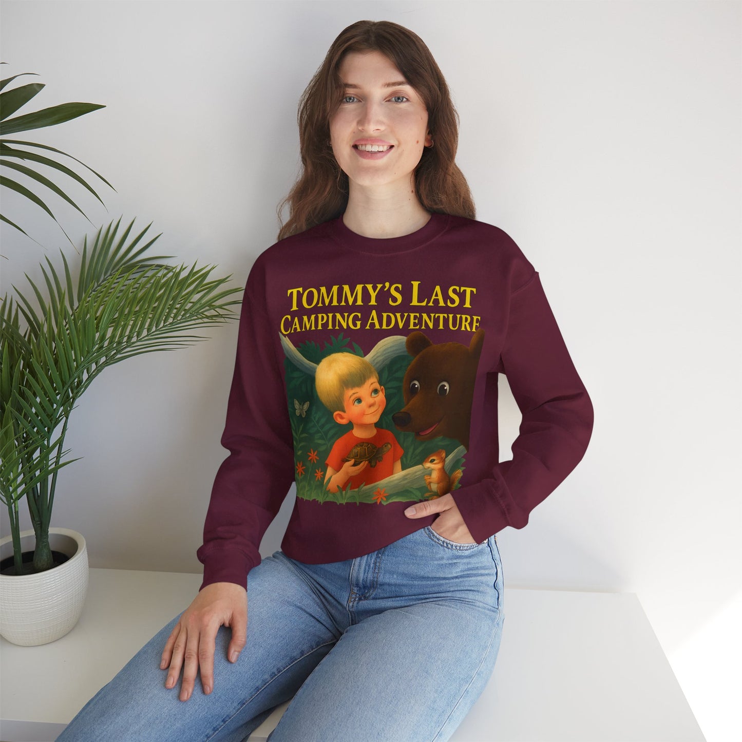 Sweatshirt – Tommy’s Last Camping Adventure Sweatshirt – Schwarzer Humor trifft Retro-Kinderbuchstil | True Insights Design mit Humor
