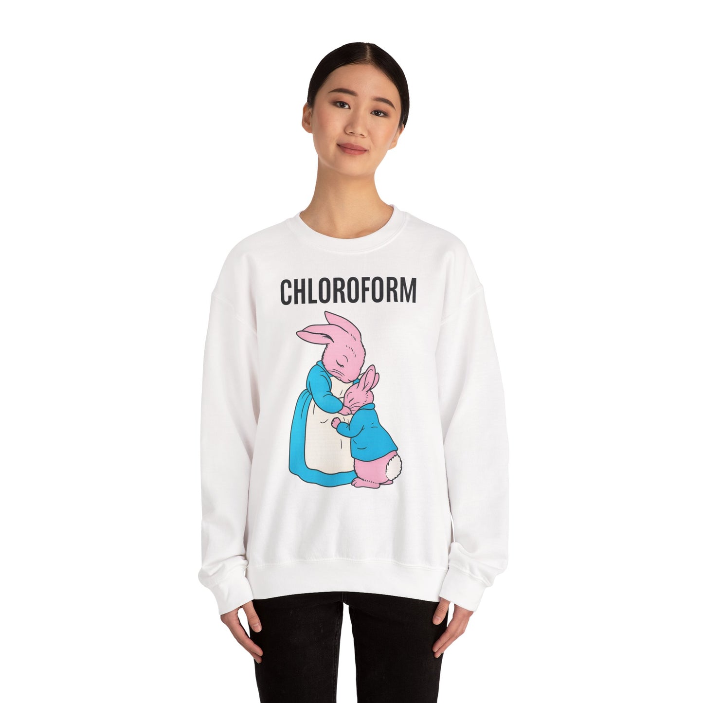 „CHLOROFORM“ – Retro-Sweatshirt mit Hasen und bösem Twist – Freches Satire-Design für mutige Statements | True Insights