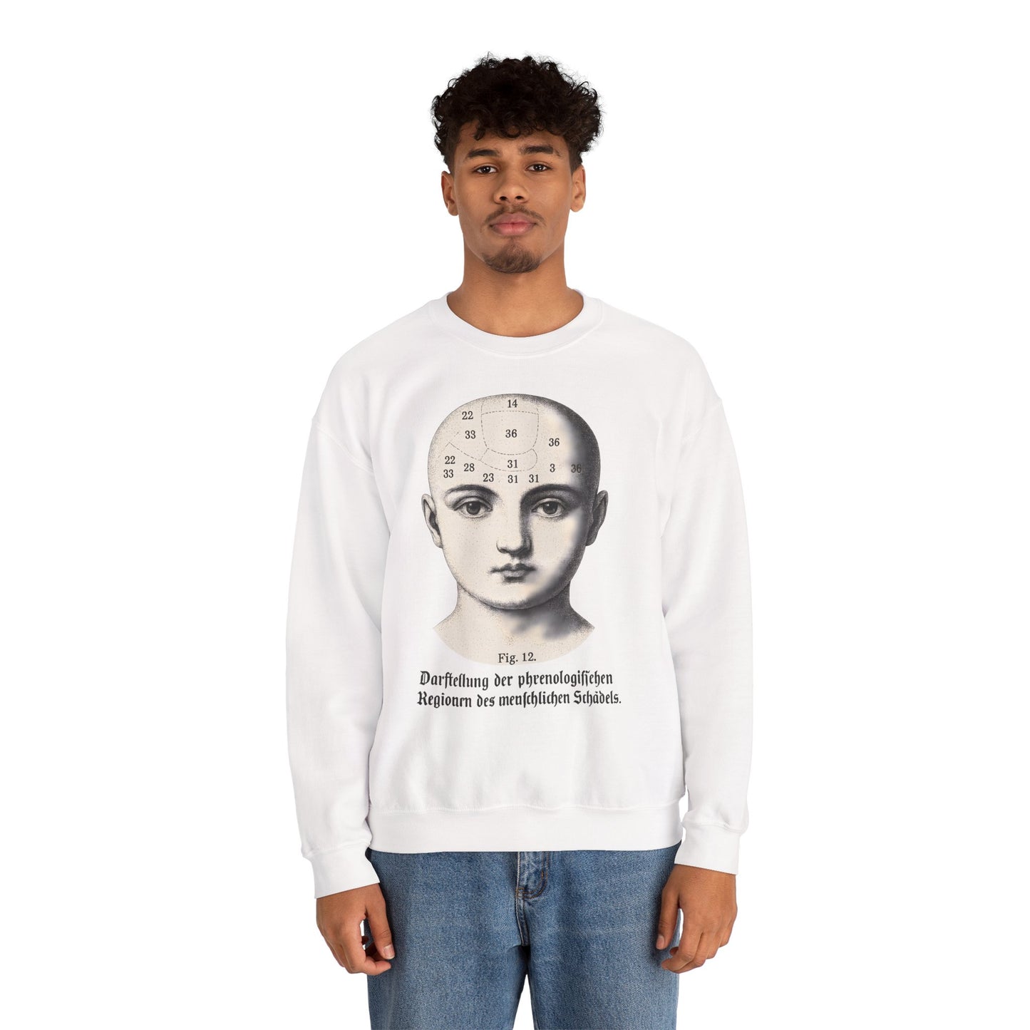 Vintage Motiv – Phrenologie Sweatshirt – Vintage-Schädelstudie „Fig. 12“ | True Insights Design mit Humor