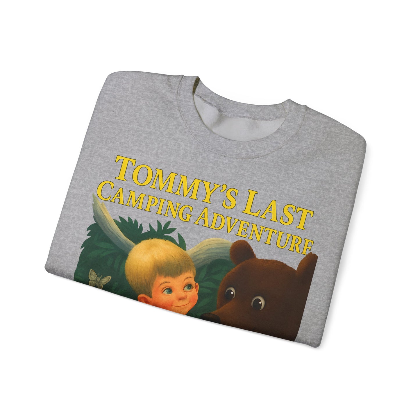 Sweatshirt – Tommy’s Last Camping Adventure Sweatshirt – Schwarzer Humor trifft Retro-Kinderbuchstil | True Insights Design mit Humor