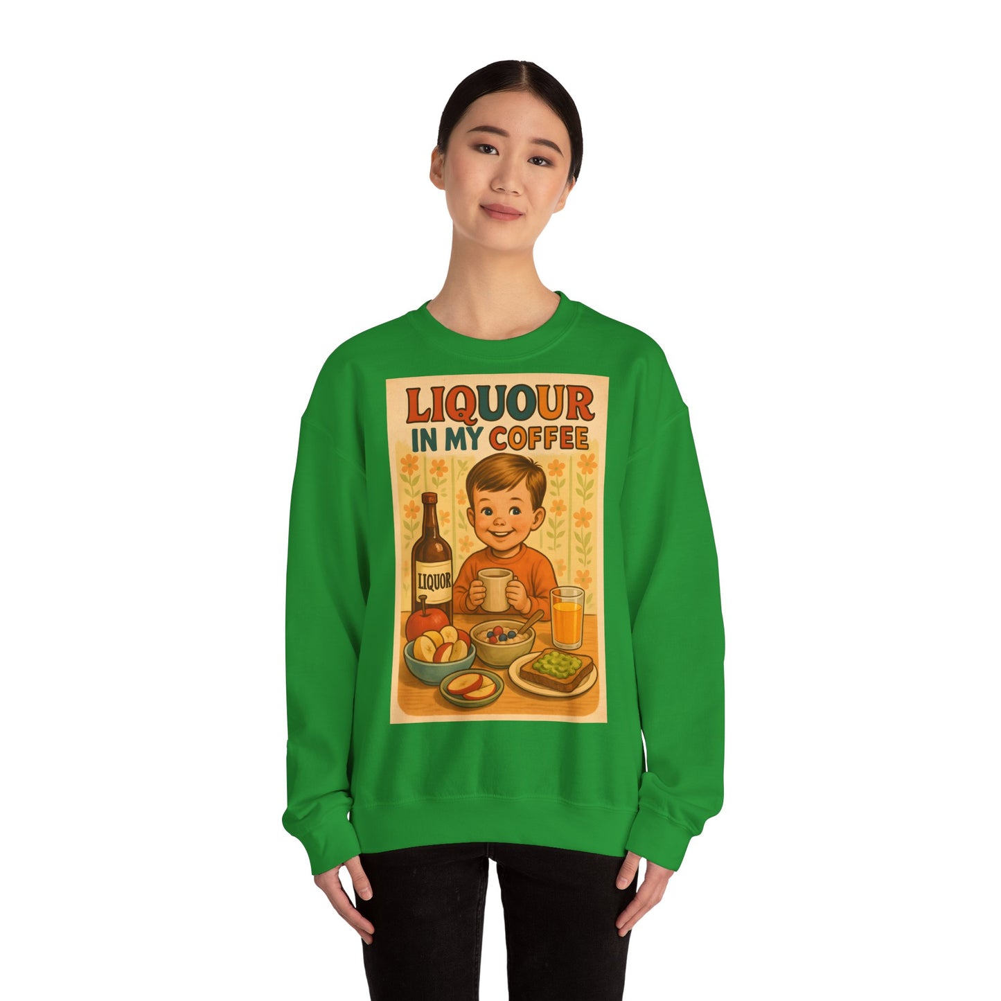Sweatshirt – Liquor In My Coffee Sweatshirt | Retro Frühstücks-Pullover mit Satire-Motiv | Geschenk für Kaffee-Fans mit Humor | True Insights Design mit Humor