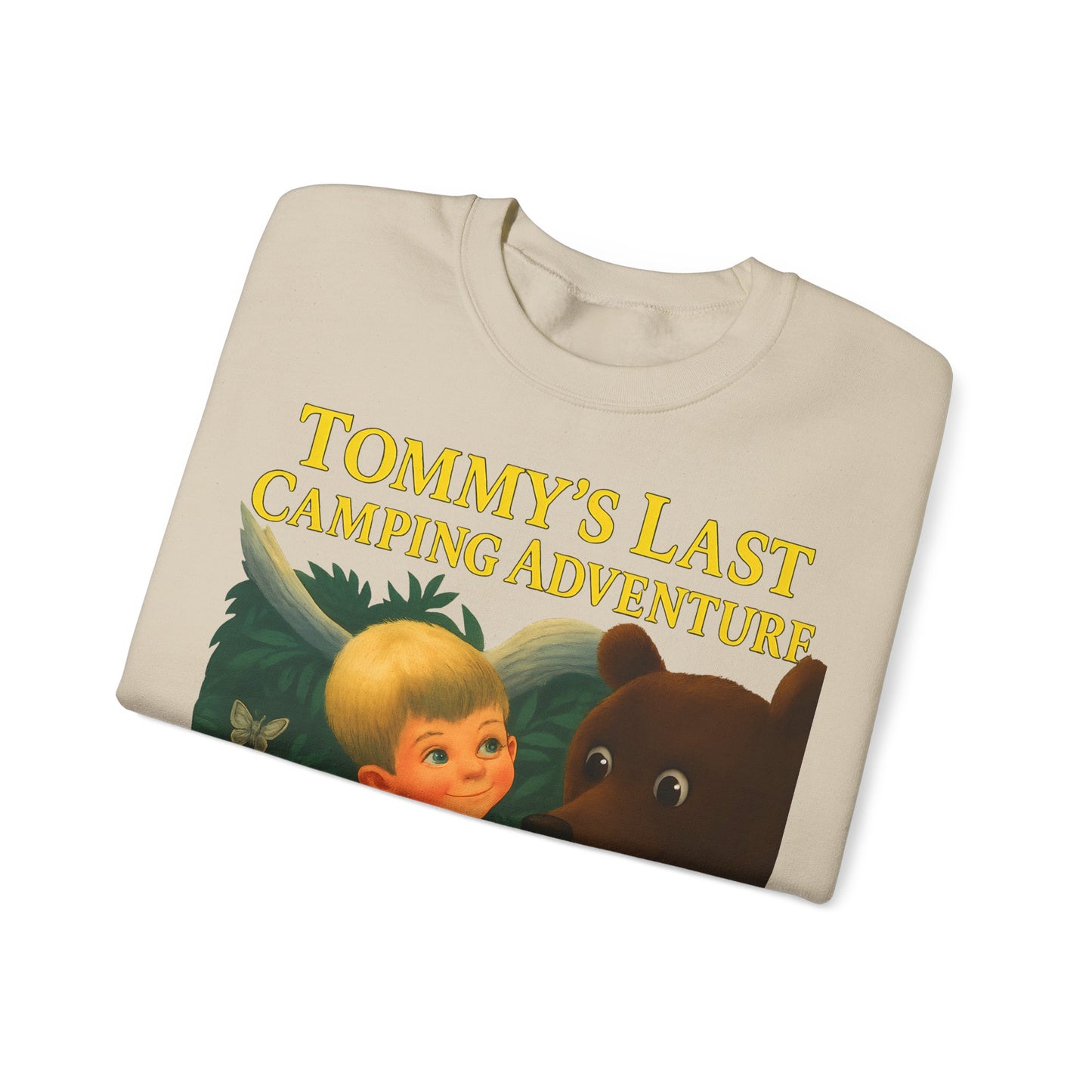 Sweatshirt – Tommy’s Last Camping Adventure Sweatshirt – Schwarzer Humor trifft Retro-Kinderbuchstil | True Insights Design mit Humor