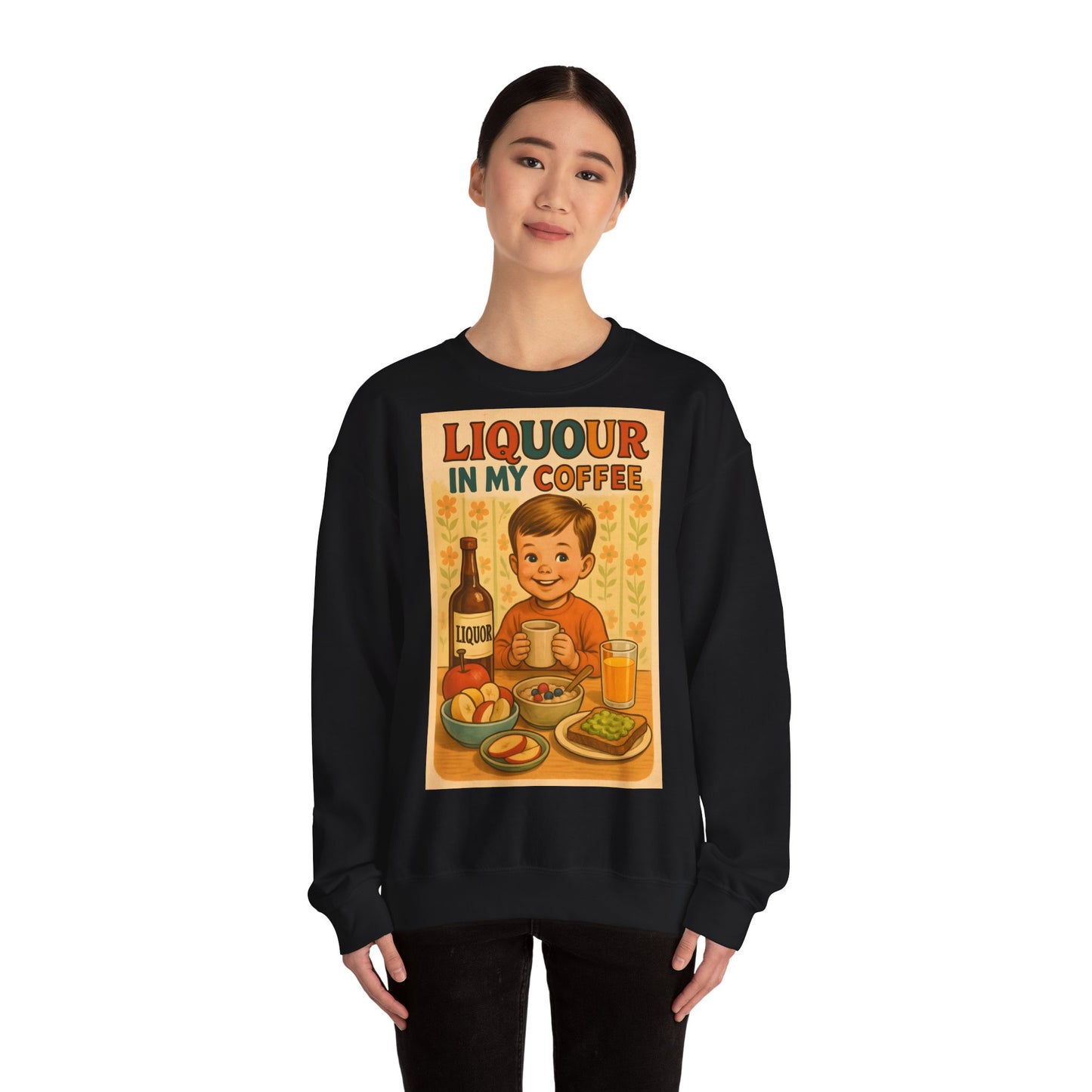 Sweatshirt – Liquor In My Coffee Sweatshirt | Retro Frühstücks-Pullover mit Satire-Motiv | Geschenk für Kaffee-Fans mit Humor | True Insights Design mit Humor
