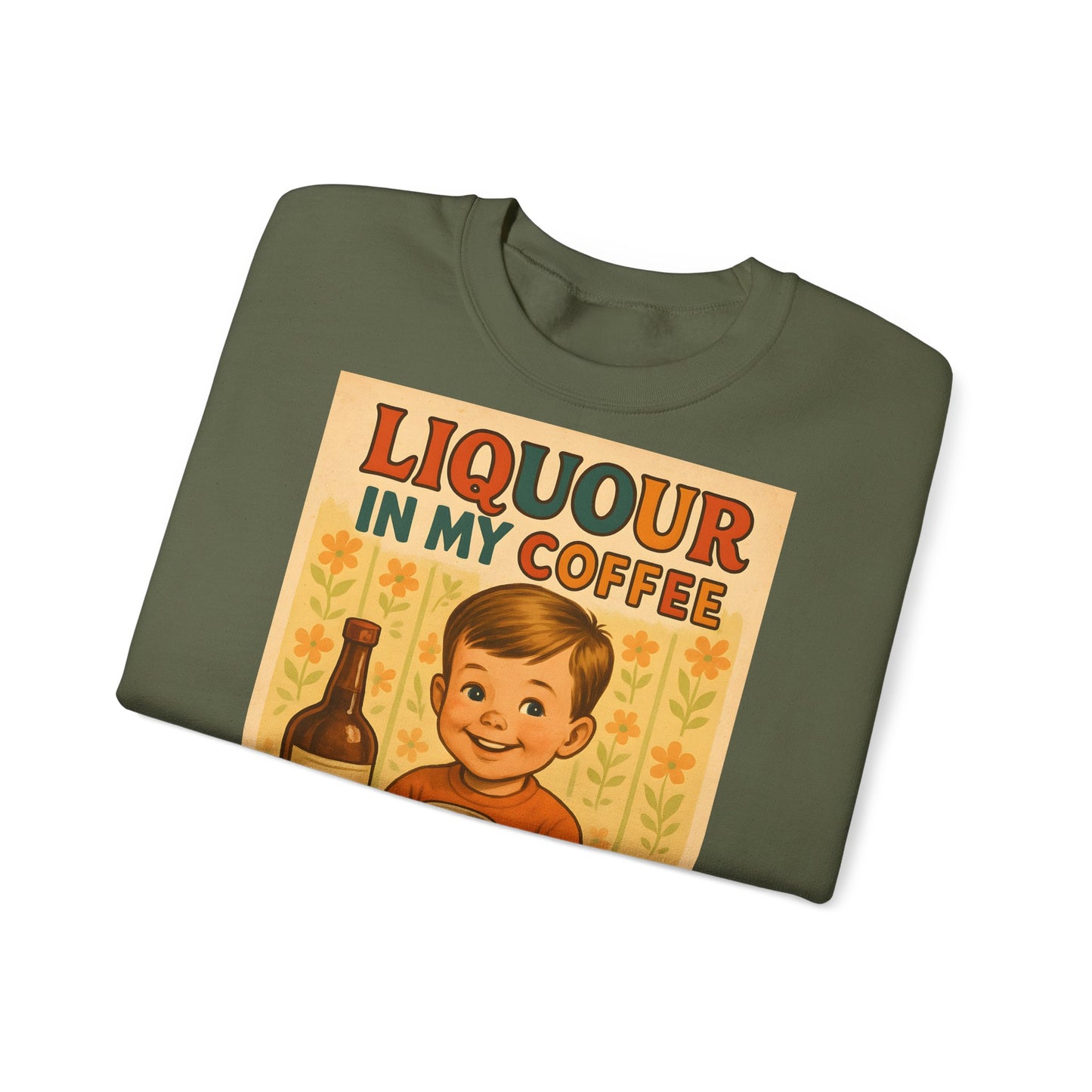 Sweatshirt – Liquor In My Coffee Sweatshirt | Retro Frühstücks-Pullover mit Satire-Motiv | Geschenk für Kaffee-Fans mit Humor | True Insights Design mit Humor