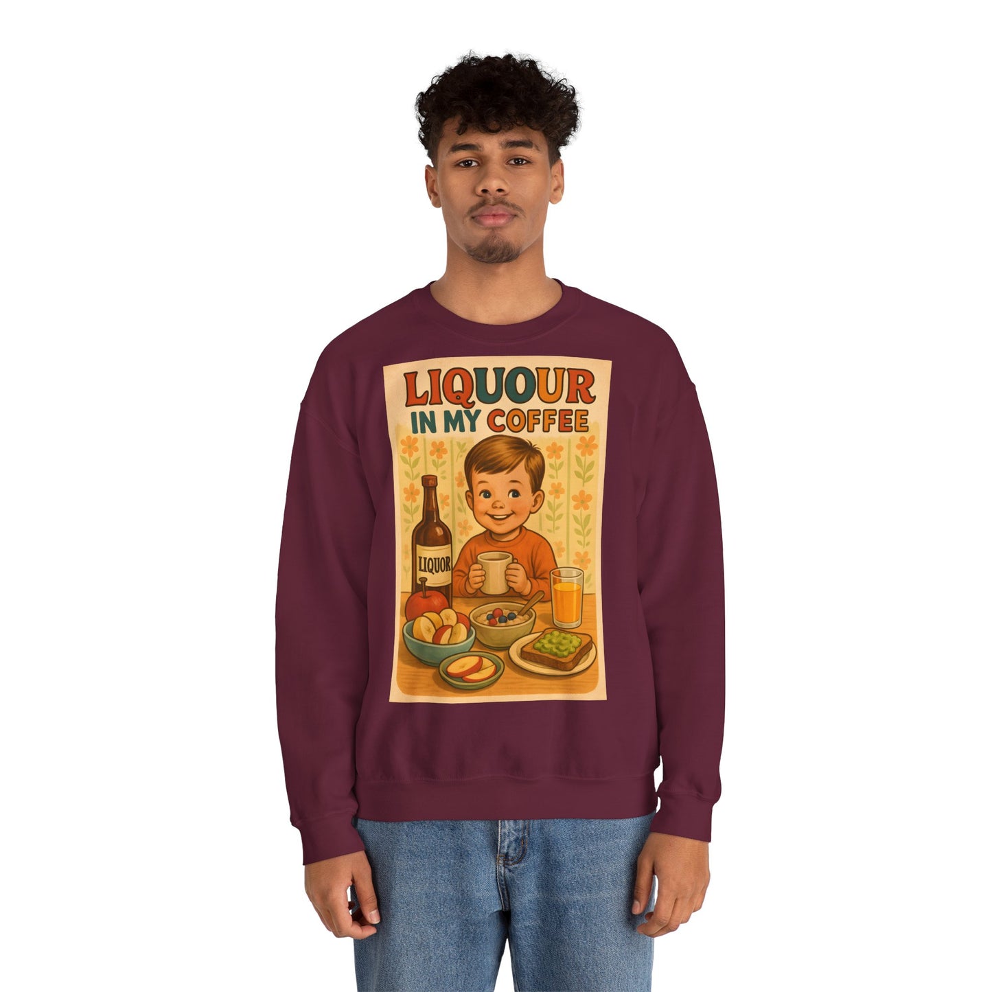 Sweatshirt – Liquor In My Coffee Sweatshirt | Retro Frühstücks-Pullover mit Satire-Motiv | Geschenk für Kaffee-Fans mit Humor | True Insights Design mit Humor