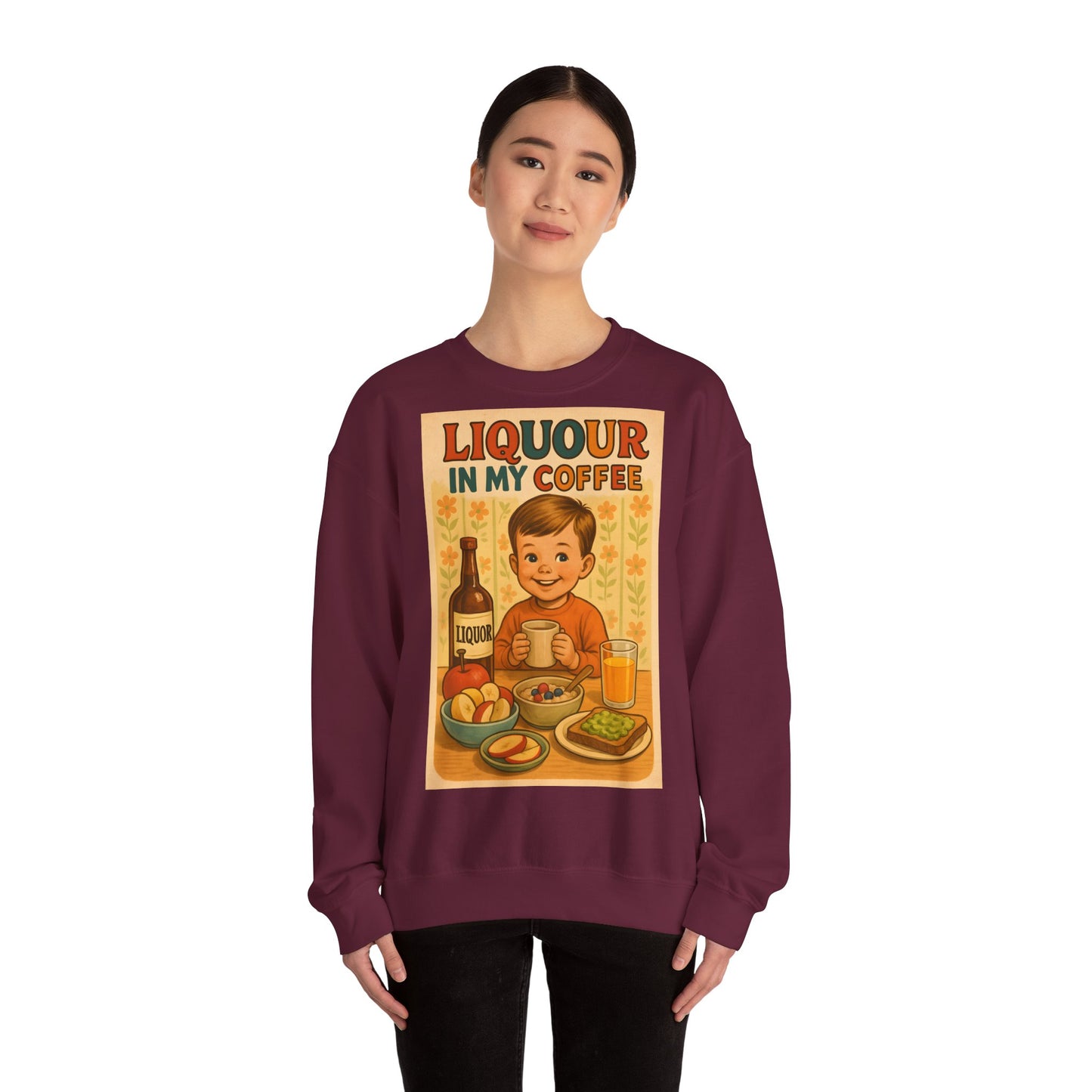 Sweatshirt – Liquor In My Coffee Sweatshirt | Retro Frühstücks-Pullover mit Satire-Motiv | Geschenk für Kaffee-Fans mit Humor | True Insights Design mit Humor