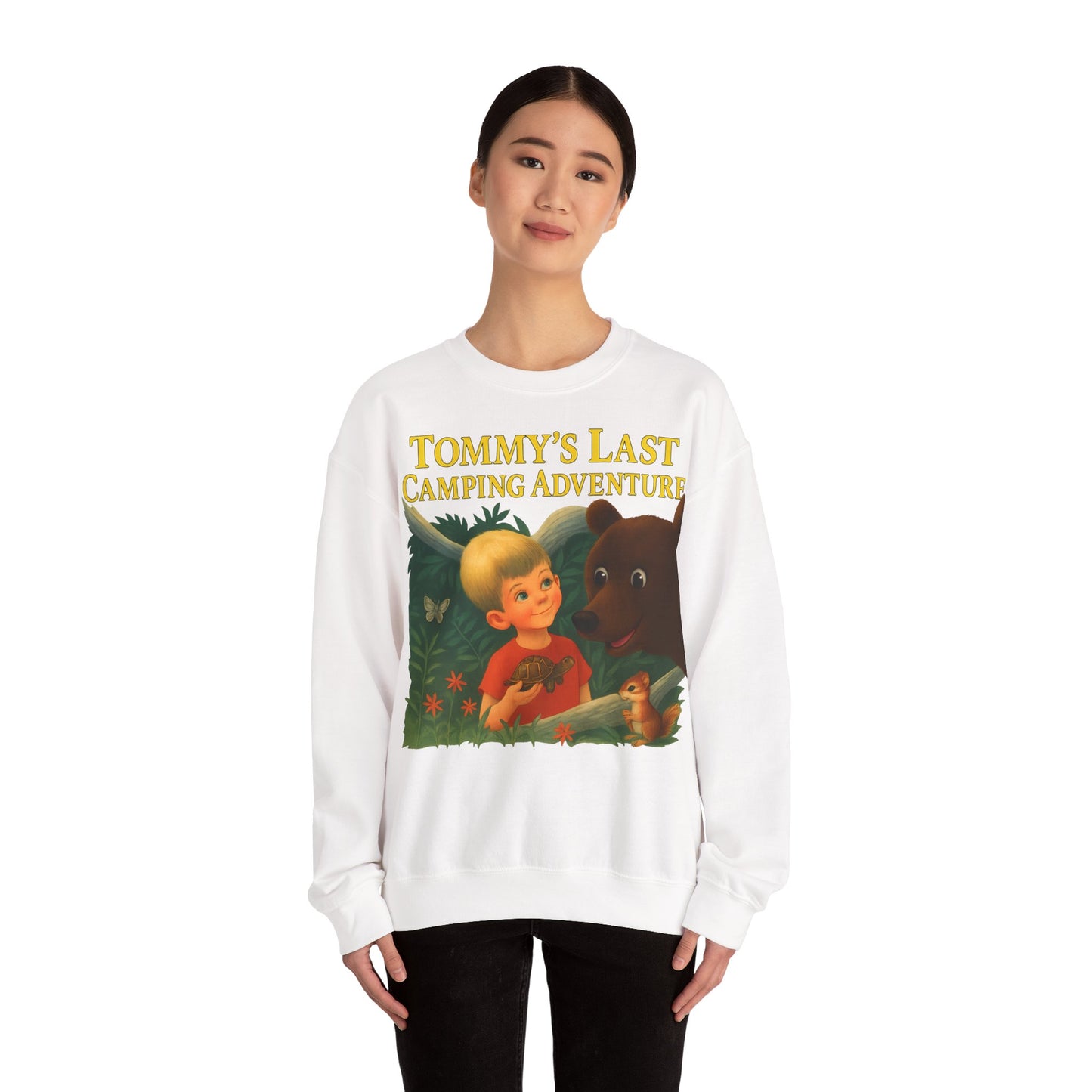 Sweatshirt – Tommy’s Last Camping Adventure Sweatshirt – Schwarzer Humor trifft Retro-Kinderbuchstil | True Insights Design mit Humor