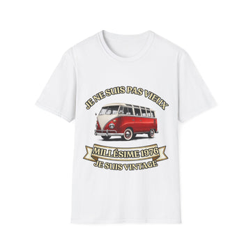 Vintage 1976 T-Shirt – FRENCH print « Je ne suis pas vieux, je suis vintage » – 50th Birthday Gift for Men | red & white VW Bus