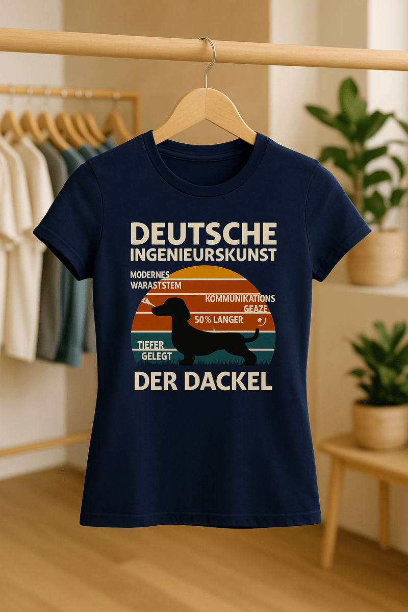 Dunkelblau T-Shirt mit Schriftzug Deutsche-Ingenieurskunst-Der-Dackel im Retro-Poster-Stil mit Dackel-Silhouette fuer Hundefreunde.