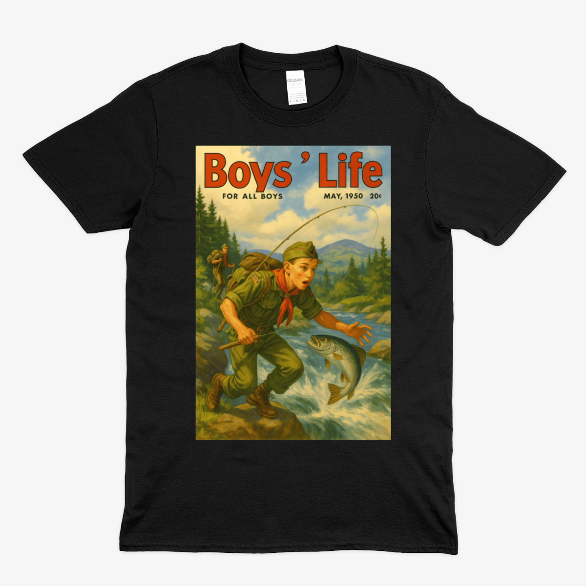Schwarzes T-Shirt mit Boys-Life-Magazincover-Motiv aus Mai 1950, zeigt Pfadfinder beim Fliegenfischen im Vintage-Retro-Poster-Stil fuer Abenteurer.