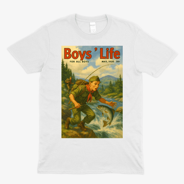 Weißes T-Shirt mit Schriftzug Boys Life und Pfadfinder-Illustration im Vintage-Poster-Stil von 1950 fuer Nostalgiker.