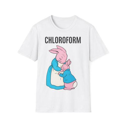 Weißes T-Shirt mit Schriftzug Chloroform und rosa Kaninchen in blauer Kleidung im Kinderbuch-Satire-Stil für Erwachsene.