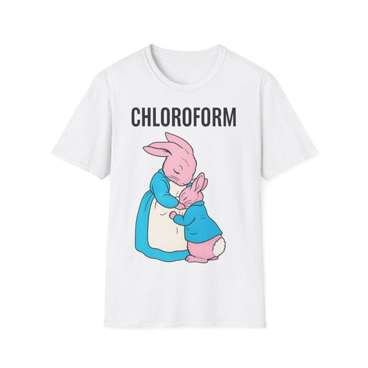 Weißes T-Shirt mit Schriftzug Chloroform und rosa Kaninchen in blauer Kleidung im Kinderbuch-Satire-Stil für Erwachsene.
