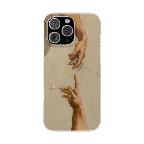 Zeigt die Creation of a Deal Handyhülle mit satirischem Kunstdesign in Frontansicht und robustem Stoßschutz von True Insights.