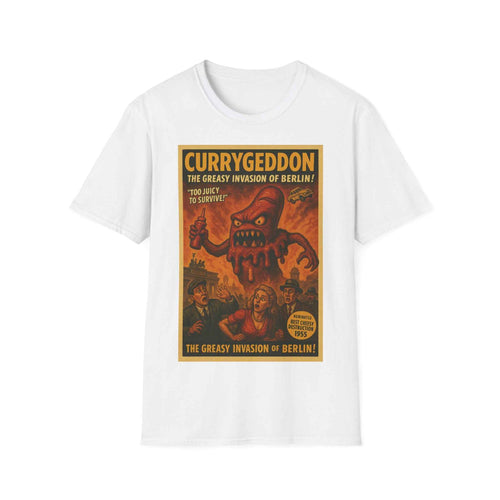 Frontansicht des anthrazitfarbenen T-Shirts mit Retro-Horror-CurryGeddon-Print und sichtbaren Stofffalten, von True Insights.