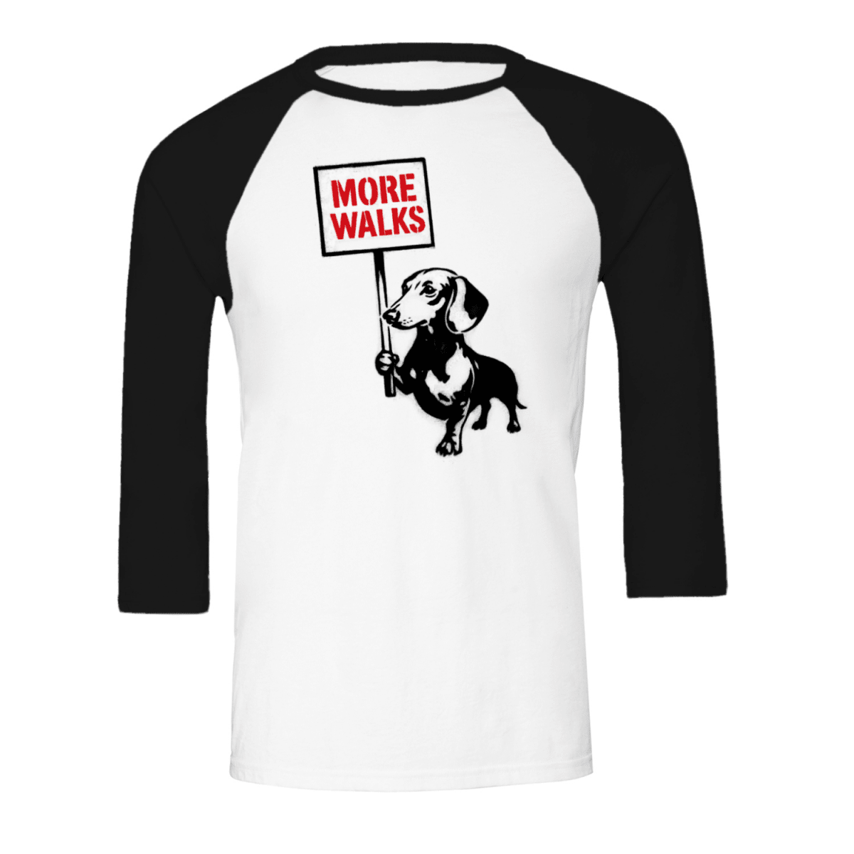Weisses Langarm-Shirt mit schwarzem Dackel-Motiv und rotem Schriftzug More-Walks im Banksy-inspirierten Street-Art-Stil fuer Hundeliebhaber.