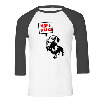 Weiß-graues Langarm-Shirt mit Dackel-Motiv und Schriftzug More-Walks im Banksy-inspirierten Street-Art-Stil für Hundeliebhaber.