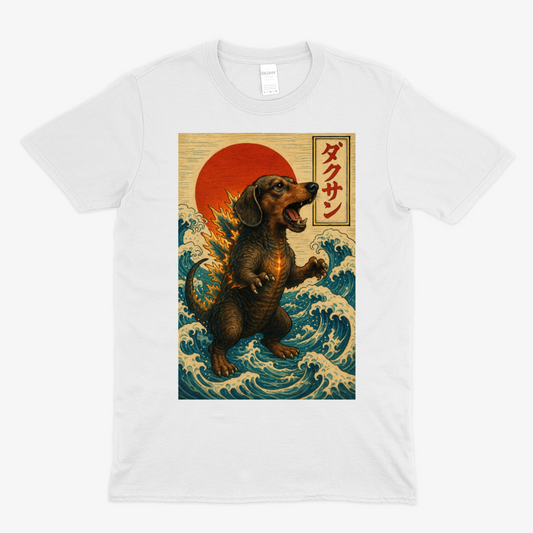 Dackel T-Shirt „Dackzilla in der Welle“ Japanischer Kaiju-Dackel im Hokusai-Stil – Lustiges T-Shirt | True Insights – Bild 2