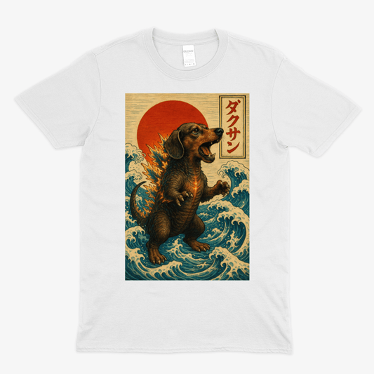 Weißes T-Shirt mit Dackel-Kaiju-Motiv Dackzilla im japanischen Ukiyo-e Hokusai-Stil mit roten Sonne und Wellen für Anime-Fans.