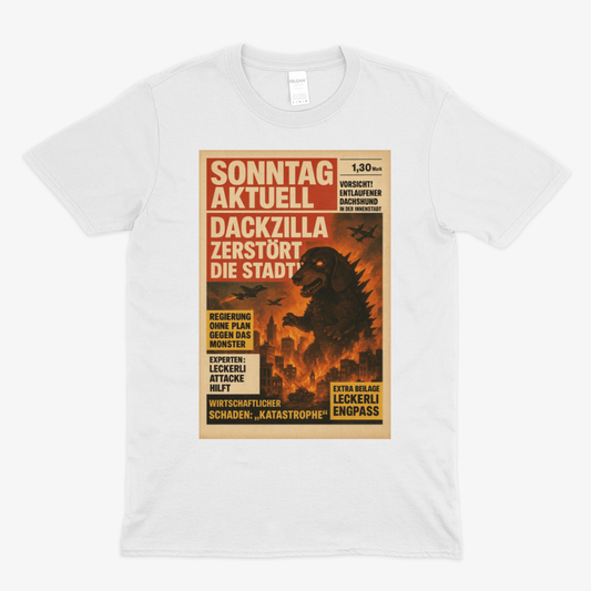Weißes T-Shirt mit Schriftzug Dackzilla-zerstoert-die-Stadt im Retro-Poster-Stil mit Dackel-Monster-Motiv fuer Liebhaber von Vintage-Satire.