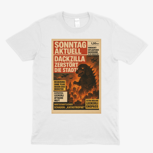 Weißes T-Shirt mit Schriftzug Dackzilla-zerstoert-die-Stadt im Retro-Poster-Stil mit Dackel-Monster-Motiv fuer Liebhaber von Vintage-Satire.