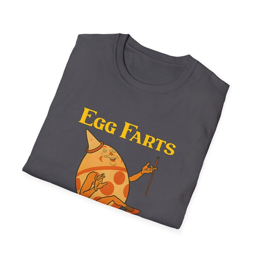 Charcoal T-Shirt mit surreal-absurdistischem Ei-Charakter im Party-Hut und gelbem Egg Farts Schriftzug von True Insights.