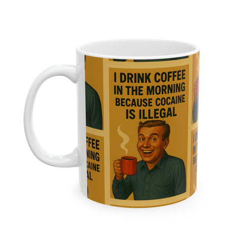 Die Frontansicht zeigt eine Keramiktasse mit retro Slogan und humorvollem Motiv auf neutralem Hintergrund von True Insights.