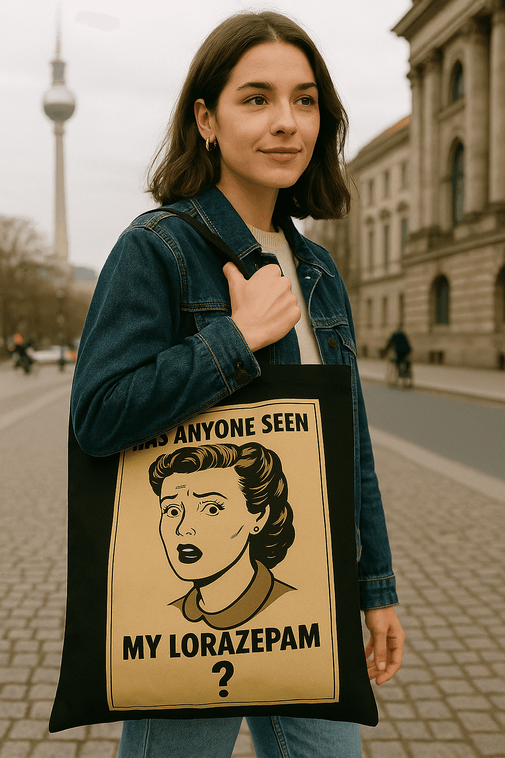 Fotografiert ist ein schwarzes Kissen mit weißem Schriftzug „Has anyone seen my Lorazepam“ in Frontansicht auf weißem Hintergrund von True Insights.