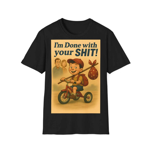 Das anthrazitfarbene Retro Runaway Kid T-Shirt zeigt frontal den humorvollen Spruch und Retro-Print, präsentiert von True Insights.