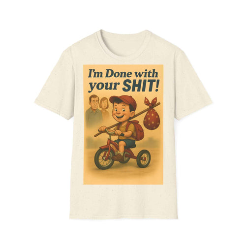 Das anthrazitfarbene Retro Runaway Kid T‑Shirt zeigt frontal den humorvollen "I'm Done with Your Shit"-Schriftzug von True Insights.