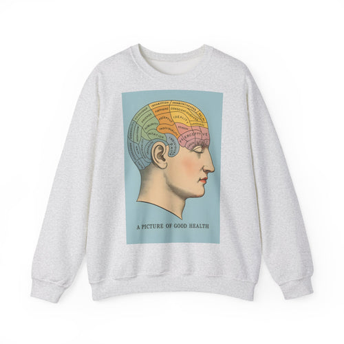 Das aschgraue Sweatshirt präsentiert frontal das klassische Phrenologie-Motiv „A Picture of Good Health“ von True Insights.