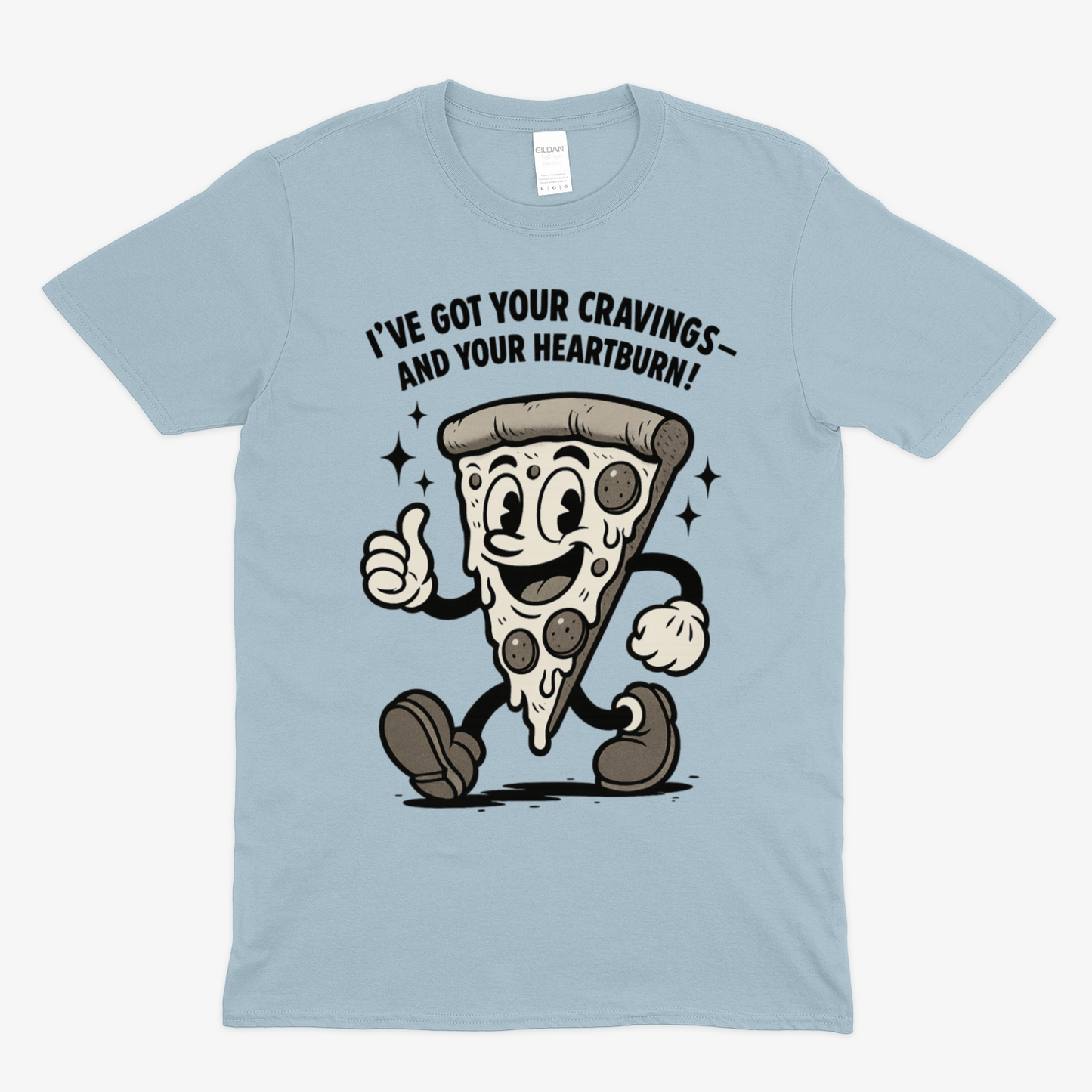 „Pizza Satire T-Shirt – Lustiges Retro Cartoon Shirt mit Spruch ‚Cravings & Heartburn‘-T-Shirt-True Insights