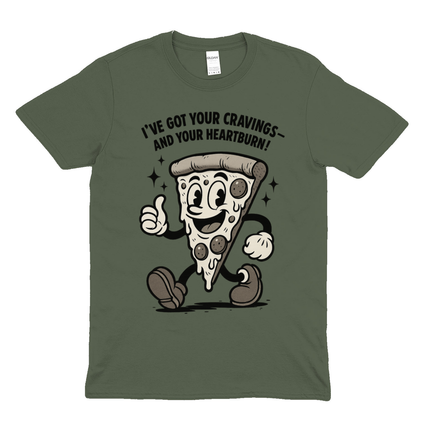 „Pizza Satire T-Shirt – Lustiges Retro Cartoon Shirt mit Spruch ‚Cravings & Heartburn‘-T-Shirt-True Insights