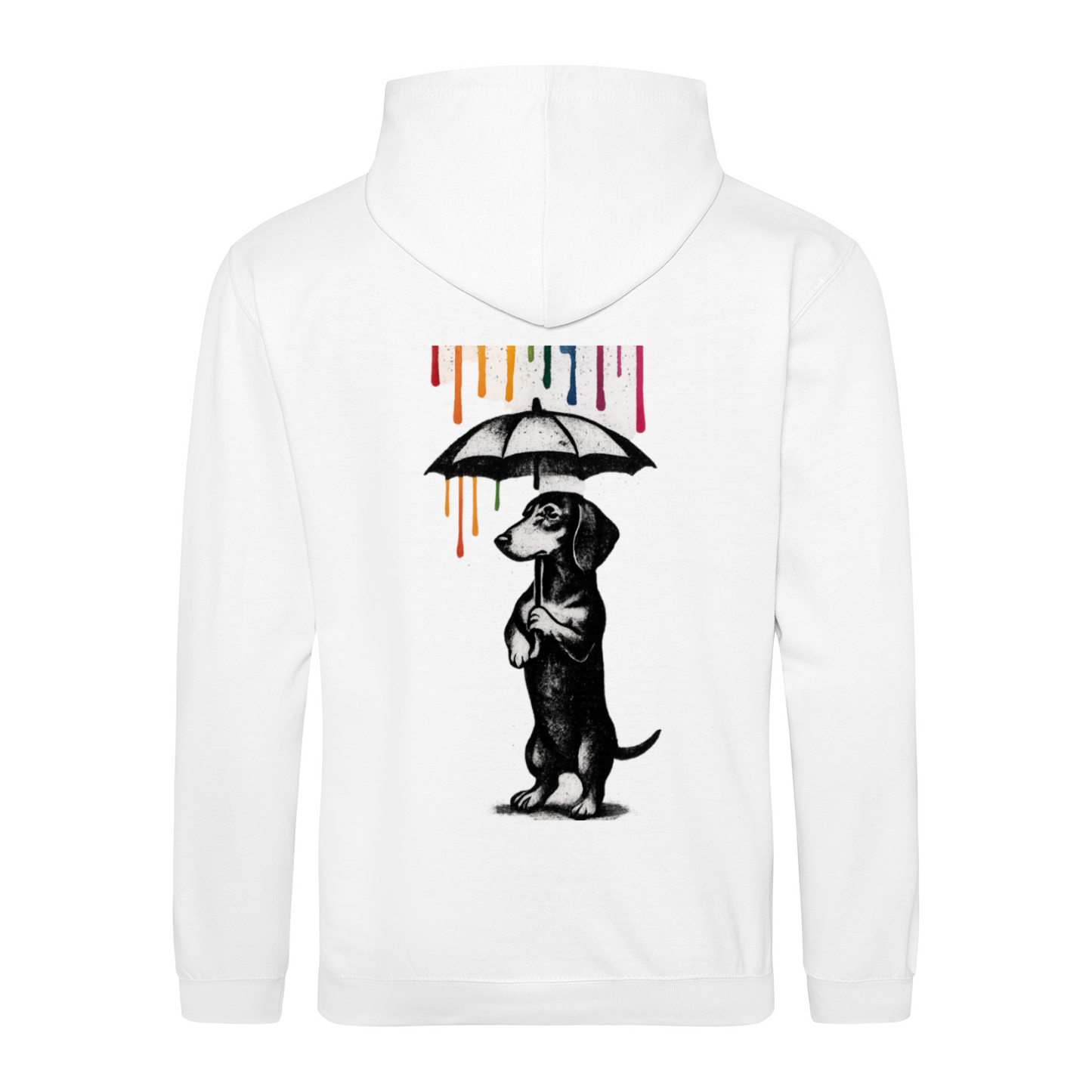Dackel „Color Rain“ – Urban Street-Art Hoodie mit buntem Farbregen