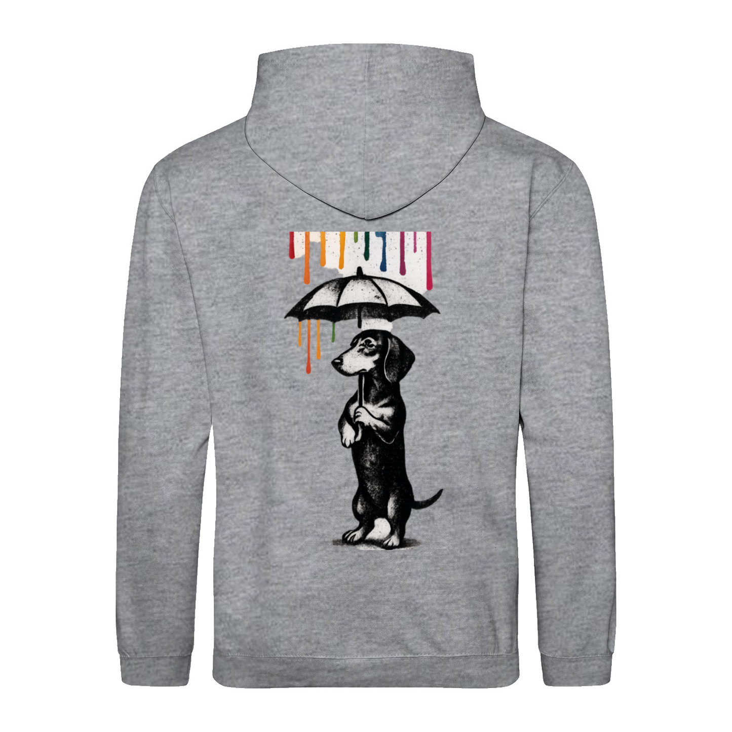 Dackel „Color Rain“ – Urban Street-Art Hoodie mit buntem Farbregen