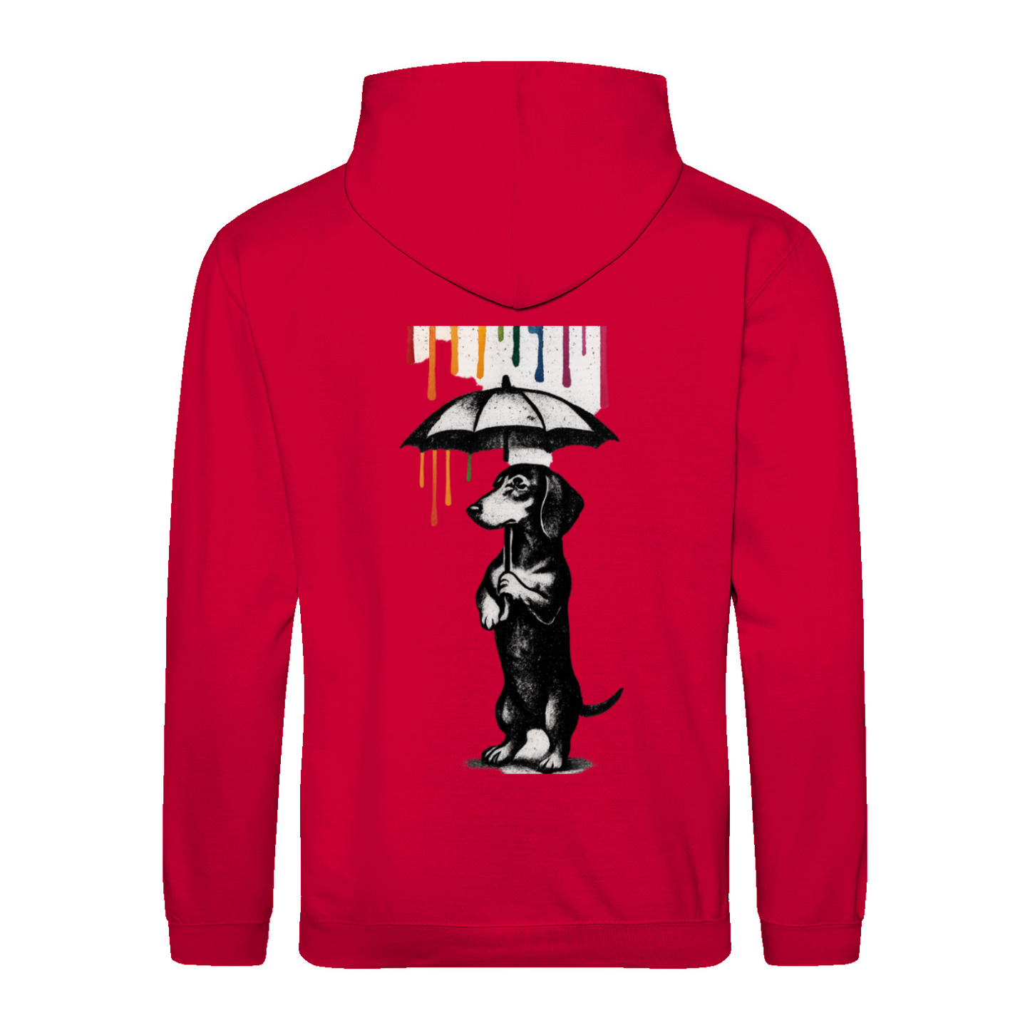 Dackel „Color Rain“ – Urban Street-Art Hoodie mit buntem Farbregen