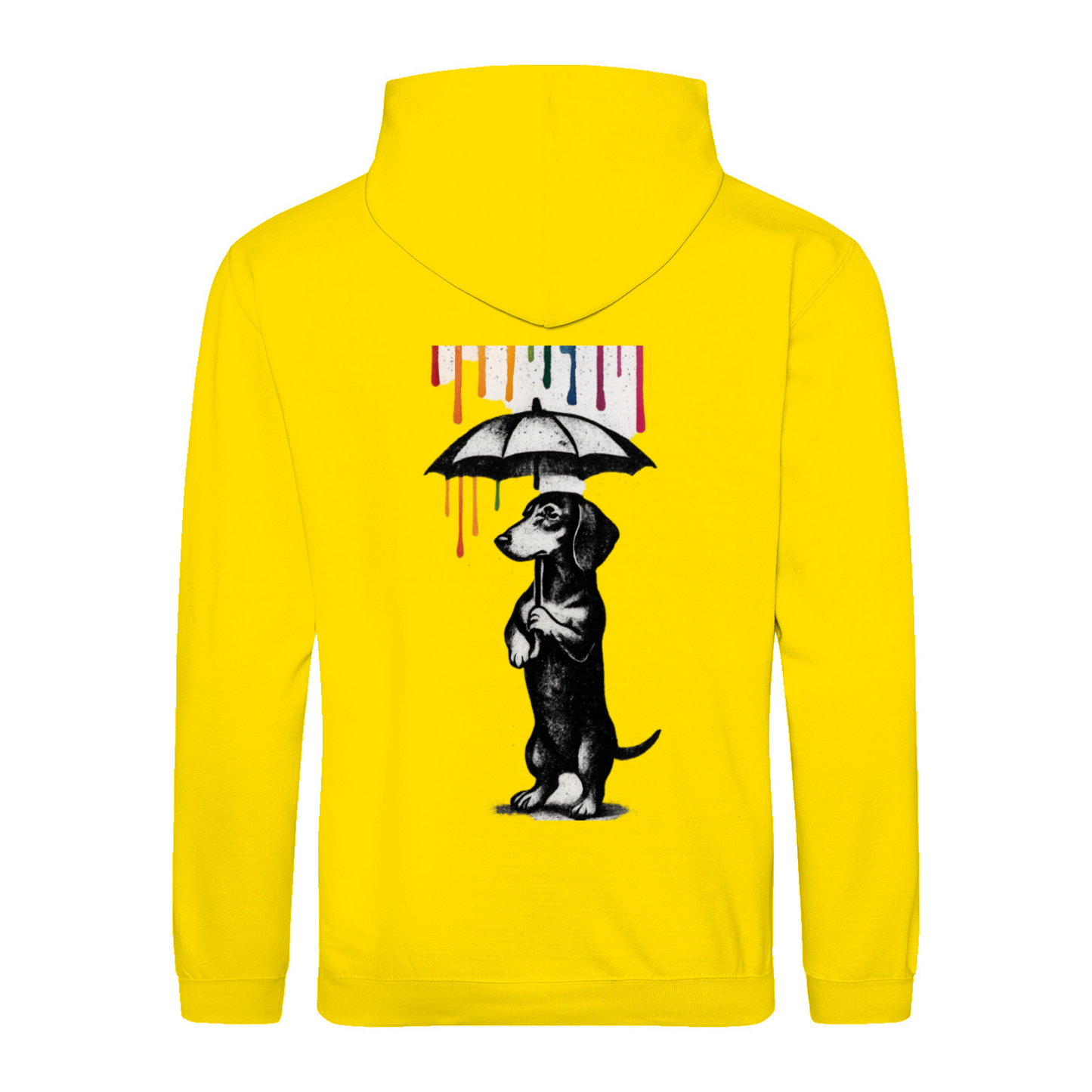 Dackel „Color Rain“ – Urban Street-Art Hoodie mit buntem Farbregen