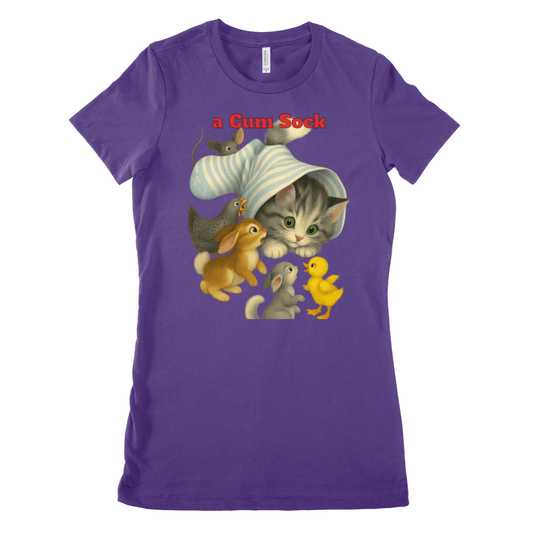 Violettes Damen-T-Shirt mit Schriftzug a-Cum-Sock und surrealen Katzen-Tieren in Vintage-Illustrationsstil fuer Katzenliebhaber.