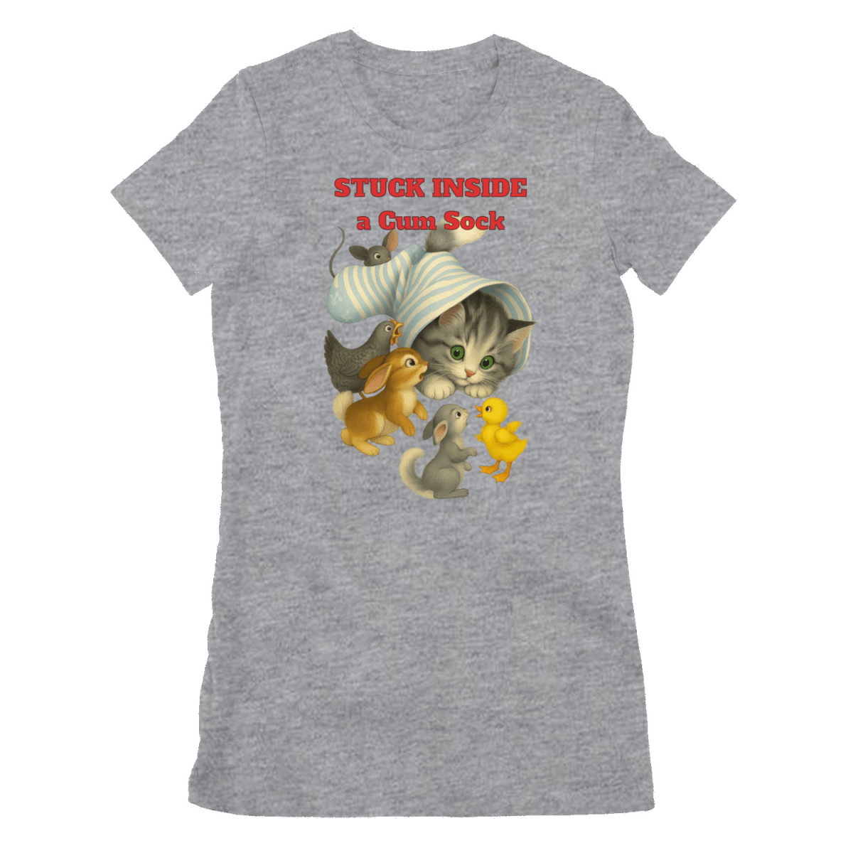 Graumeliertes Damen-T-Shirt mit Schriftzug Stuck-Inside-a-Cum-Sock und surrealer Retro-Illustration einer Katze mit Tieren im Vintage-Kinderbuch-Stil fuer Absurdisten.