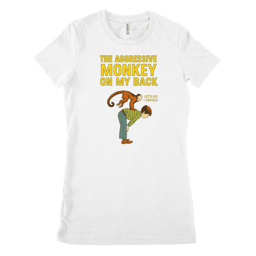 Weisses T-Shirt mit Schriftzug The-Aggressive-Monkey-on-my-Back und Affe auf Ruecken eines Mannes im Retro-Poster-Stil fuer Erwachsene.