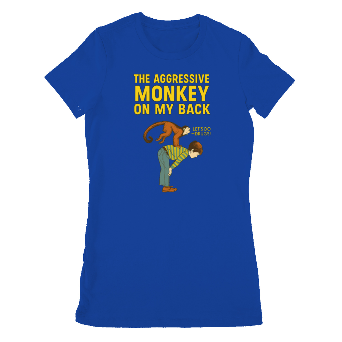 Blaues T-Shirt mit Schriftzug The-Aggressive-Monkey-on-My-Back im Retro-Comic-Stil mit Illustration eines Mannes und Affen fuer Erwachsene.