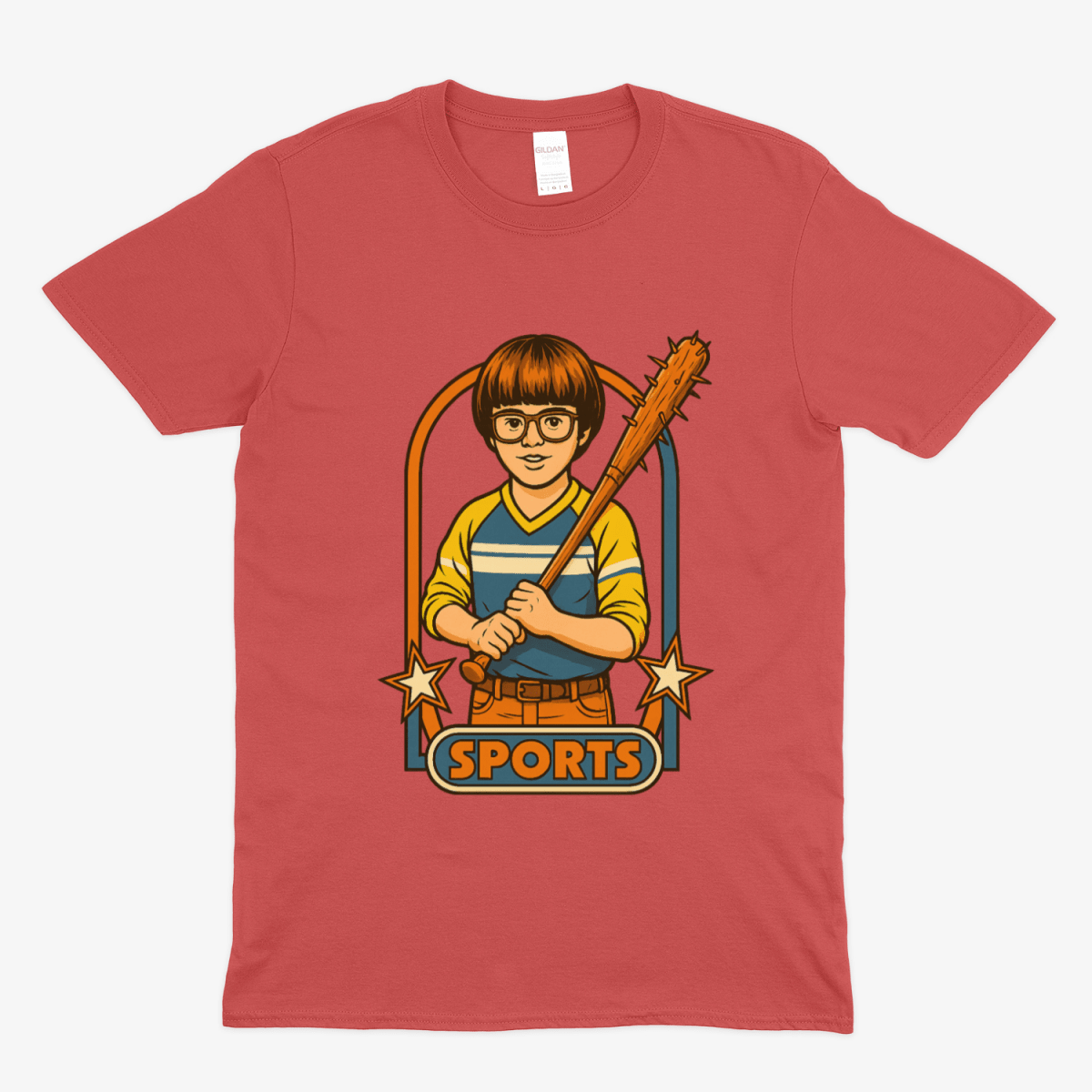 Rotes T-Shirt mit Retro-Illustration eines Jungen mit Baseballschlaeger im Vintage-Comic-Stil und Schriftzug Sports fuer Popkultur-Fans. True Insights.