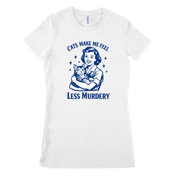 Weisses T-Shirt mit Schriftzug Cats-Make-Me-Feel-Less-Murdery und Frau mit Katze im Vintage-50er-Stil fuer Introvertierte und Katzenliebhaber.