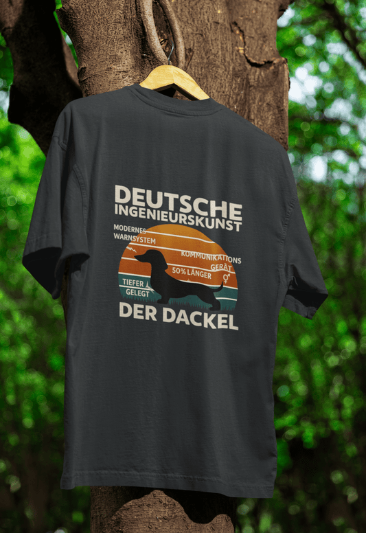 Schwarzes T-Shirt mit Schriftzug Deutsche-Ingenieurskunst Der-Dackel im Retro-Poster-Stil mit Dachshund-Grafik fuer Ingenieure und Hundefreunde.