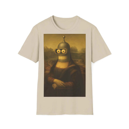 Das anthrazitfarbenes T-Shirt zeigt frontal die Mona Lisa mit Benders Roboterkopf vor der Renaissancekulisse von True Insights.