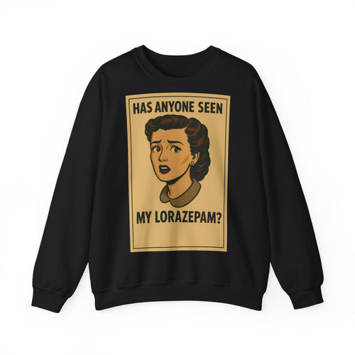 Das aschgraue Retro-Sweatshirt präsentiert den Aufdruck „Has anyone seen my Lorazepam?“ im 50er‑Jahre-Look von True Insights.