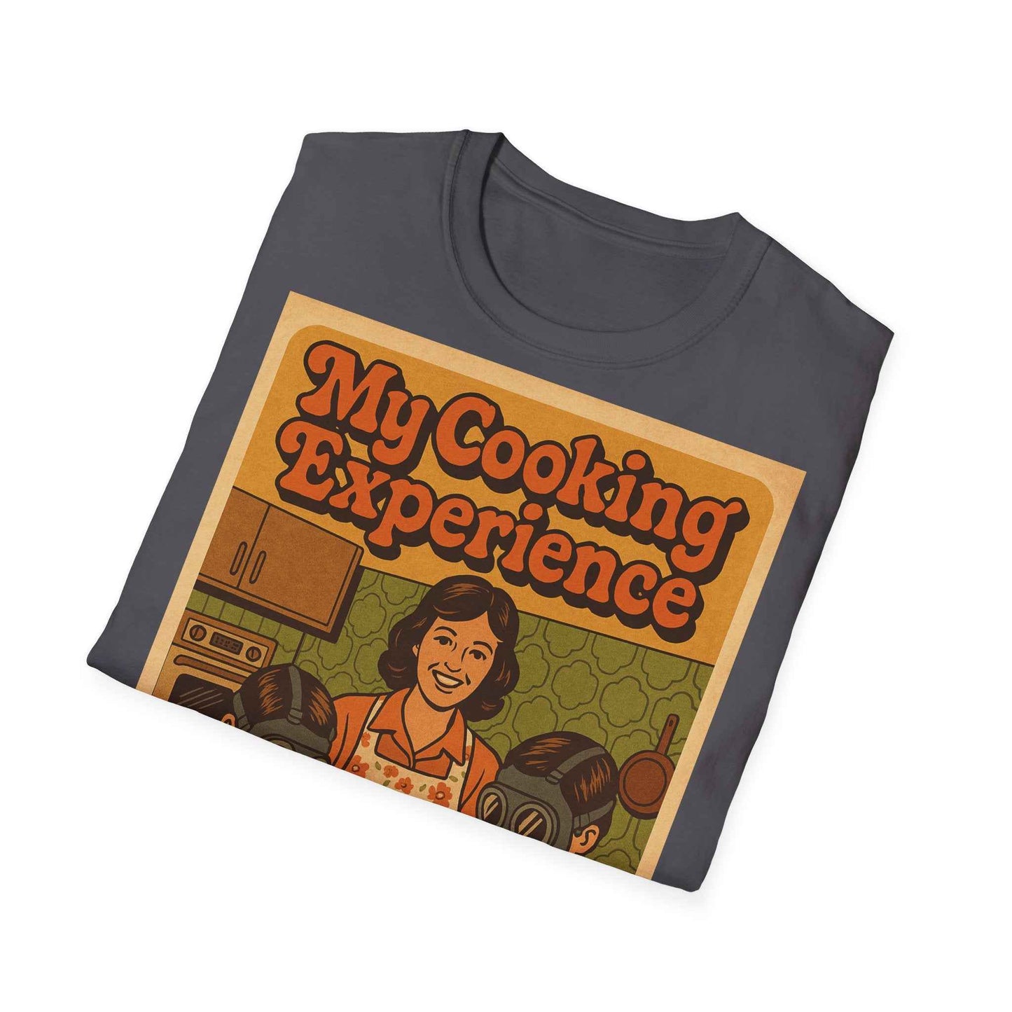 Anthrazitfarbenes Unisex-T-Shirt aus Baumwolle mit Frontansicht und 'My First Cooking Experience' Aufdruck, Größe S, True Insights.
